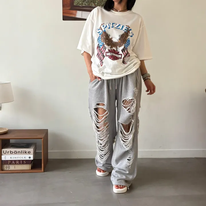 [허리~63까지 MD 추천🤩] 데미지 디트로이드 제니팬츠 / 유니크 스트릿 댄스복 페스티벌 체육대회 빅사이즈바지 세미 부츠컷 조거팬츠 봄바지 여름바지 댄스복 하비언니 와이드팬츠 상세 이미지 17