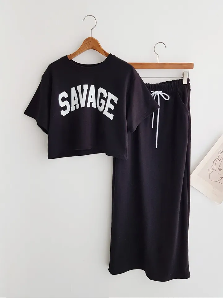[세트가격!] SAVAGE 레터링 프린트 크롭티셔츠 크롭반팔티 밴딩 롱스커트 뒤트임 롱치마 투피스세트 치마세트 스커트세트 여름세트 꾸안꾸 이지웨어세트 상세 이미지 12