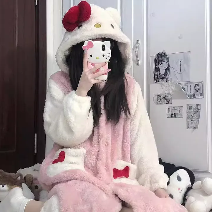 왕 리본 고양이 극세사 수면 잠옷 파자마 겨울 가을 털 기모 후드티 퍼 패딩 수면바지 홈파티 여행 공주 일본 원피스 투피스 세트 캐릭터 타올 정품 크리스마스 선물 키치 키티 y2k 상세 이미지 6