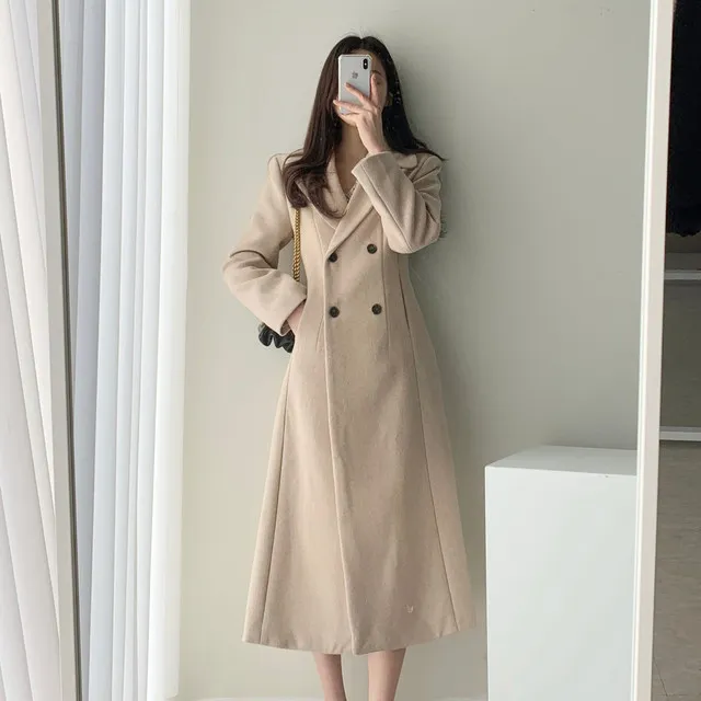 A라인 슬림 롱 플레어 더블 버튼 울코트 블랙 베이지 상세 이미지 43