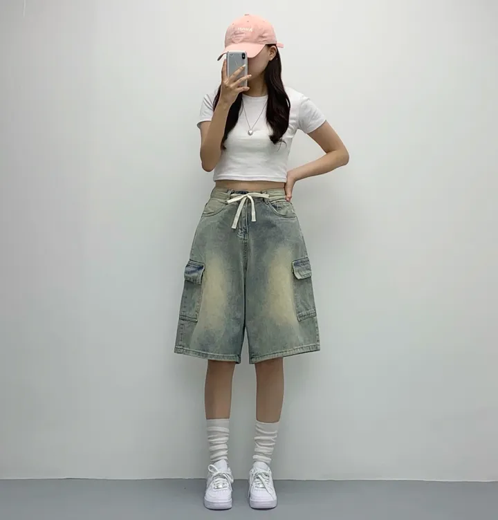 [인생버뮤다/~XL/5부기장] 버블 빈티지 워싱스트링 카고 버뮤다팬츠 5부 데님팬츠 청반바지 숏팬츠 여름팬츠 선데이이브닝 상세 이미지 11
