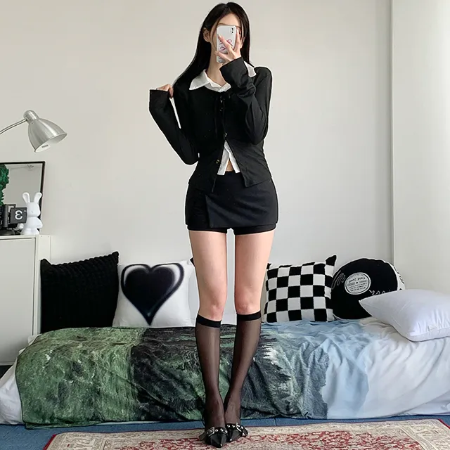 [일체형/모던룩/2col] 신디 일체형 슬림핏 레이어드 셔츠 가디건 / 카라넥 / 리본가디건 / 레이어드티셔츠 / 페이크셔츠 / 긱시크 / 브이넥 / 셔츠니트 / 코디완성 / 강추 상세 이미지 15