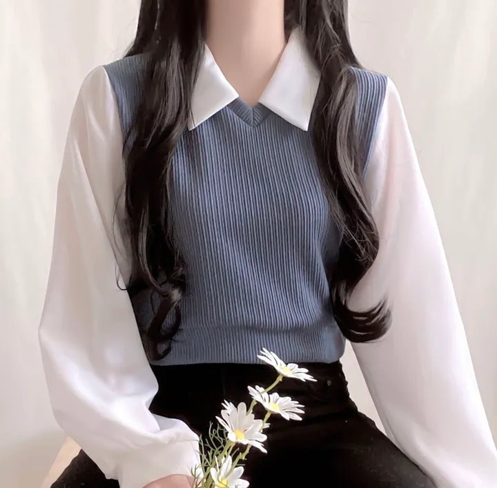 [셔츠+니트 일체형!] 포밍 레이어드 카라 벌룬 배색 니트 블라우스 4color 베이지 핑크 소라 블랙 상세 이미지 28