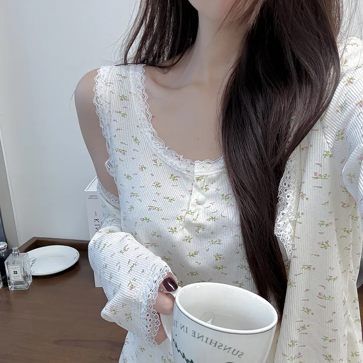 [💌봄할인💌/3피스] 감성 무드 플라워 3피스 가디건 민소매 팬츠 파자마 잠옷 상하 세트 파자마파티 촬영용 잠옷 여리한 여성 잠옷 신혼부부잠옷 #3678 상세 이미지 6