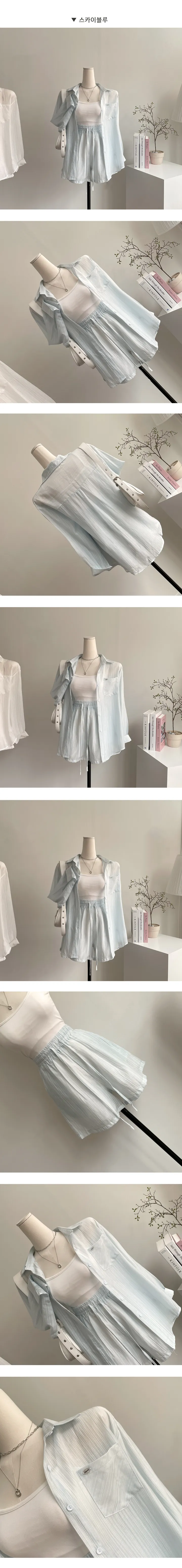 [2pc/세트가격!/페미닌/하이틴] 링클 오버핏 여름남방 셔츠 + 밴딩 반바지 투피스 셋업 (3color) 바캉스룩/휴양지룩/여행지룩 상세 이미지 5
