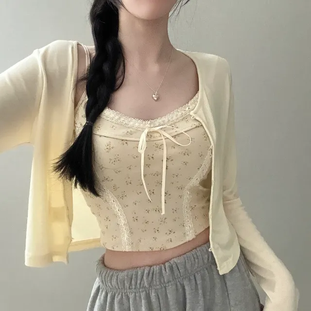 [ 가디건+나시/플라워패턴💛 ] 아미 레이스 플라워 나시,콩단추 가디건set (2col) 상세 이미지 4
