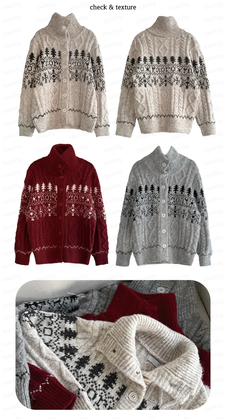 당일출고🚀[wool20%/두툼❄] 하이넥 스노우 패턴 노르딕 루즈핏 가디건 3color 상세 이미지 4