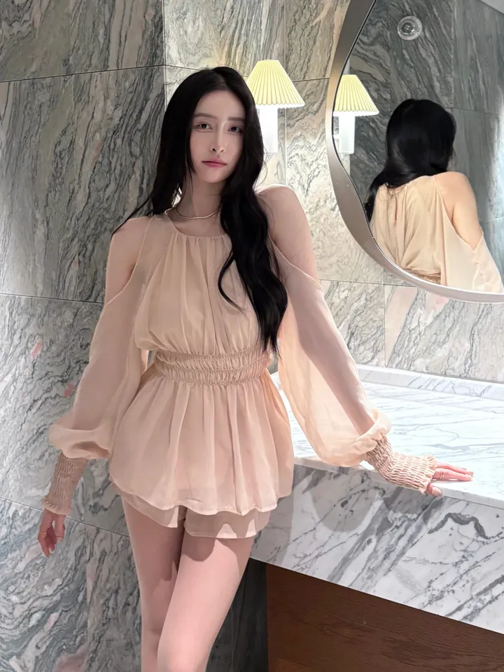[요정템🧚] 물복숭아 쉬폰 플로럴 어깨트임 3단 코르셋 리본끈 투피스 세트 상세 이미지 5