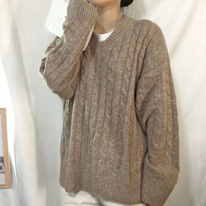 [컬러믹스,봄] 루즈핏 꽈배기 니트 / 봄가을, 매일입는 스프링 케이블 울니트 / 보카시 브이넥 오버핏 긴팔티 상세 이미지 49