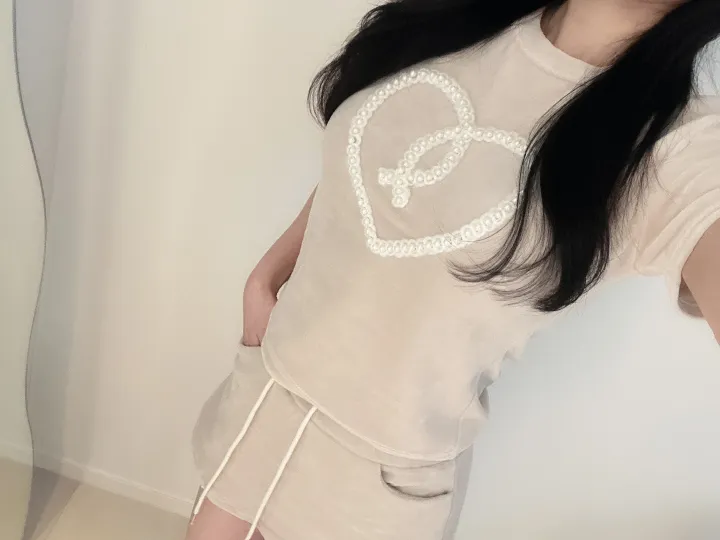 벨로아 피치 진주 하트 레이스 치마바지 투피스 세트 (2color) 상세 이미지 47