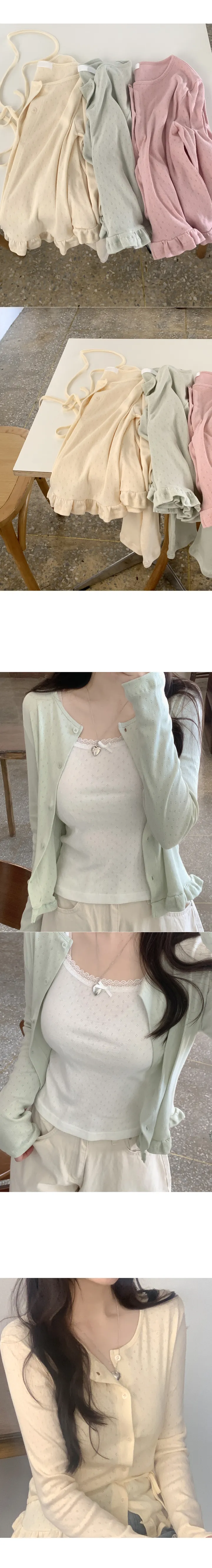 [러블리☘/귀여워요ෆ] 멜로니 펀칭 라운드 프릴 리본 끈 크롭 코튼 긴팔 봄 가디건 (3color) 데이트룩/하객룩/여행룩/봄옷/봄신상/봄코디/아우터 상세 이미지 3
