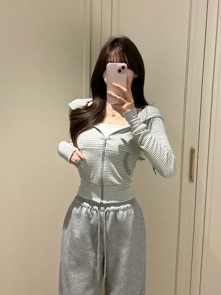 [개말라핏/슬림여리] 스트라이프 단가라 골지 긴팔 후드집업 봄신상 (2color) 상세 이미지 2