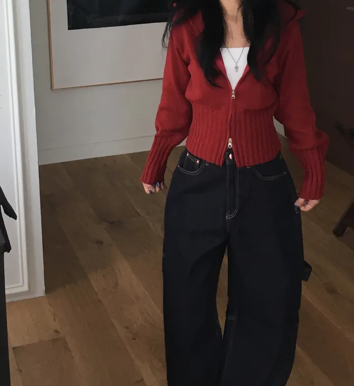 [간절기신상/허리잘록!] 데일리 투웨이 카라넥 하이넥 세미 크롭 니트 집업 상세 이미지 19