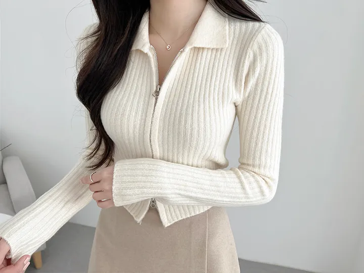 투웨이지퍼 보송 골지 크롭 니트 집업 카라 가을 겨울 가디건 상세 이미지 6