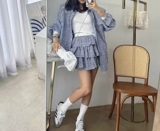 ((투피스룩*고퀄)) 오버핏 체크셔츠 캉캉치마 투피스 박시핏 빅사이즈 남방 치마 스커트 트레이닝 세트 여행룩 상세 이미지 4