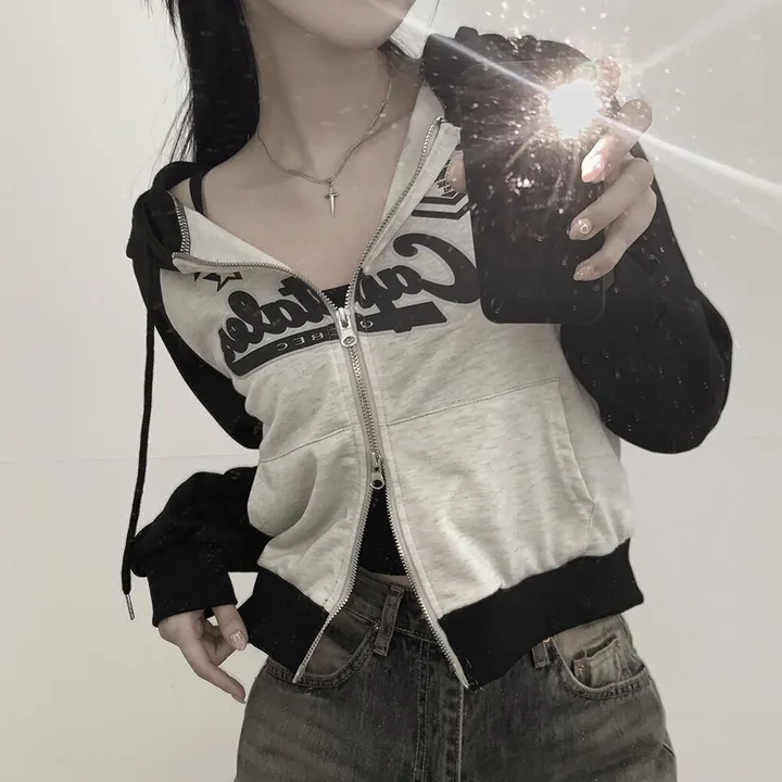 [y2k!힙무드] 투웨이 레터링 프린팅 나그랑 배색 크롭 후드집업 상세 이미지 4