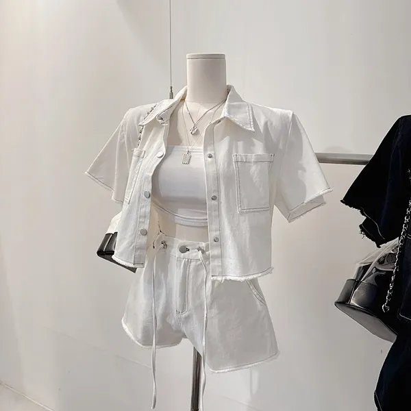 *최저가* [세트가격!/하객룩!] 드뷔 스티치 데님자켓 청자켓 데님셔츠 셔츠카라 버튼 포켓 반팔자켓 크롭자켓 스트링 밴딩 하이웨스트 와이드 반바지 숏팬츠 여름투피스 세트 데님세트 상세 이미지 8