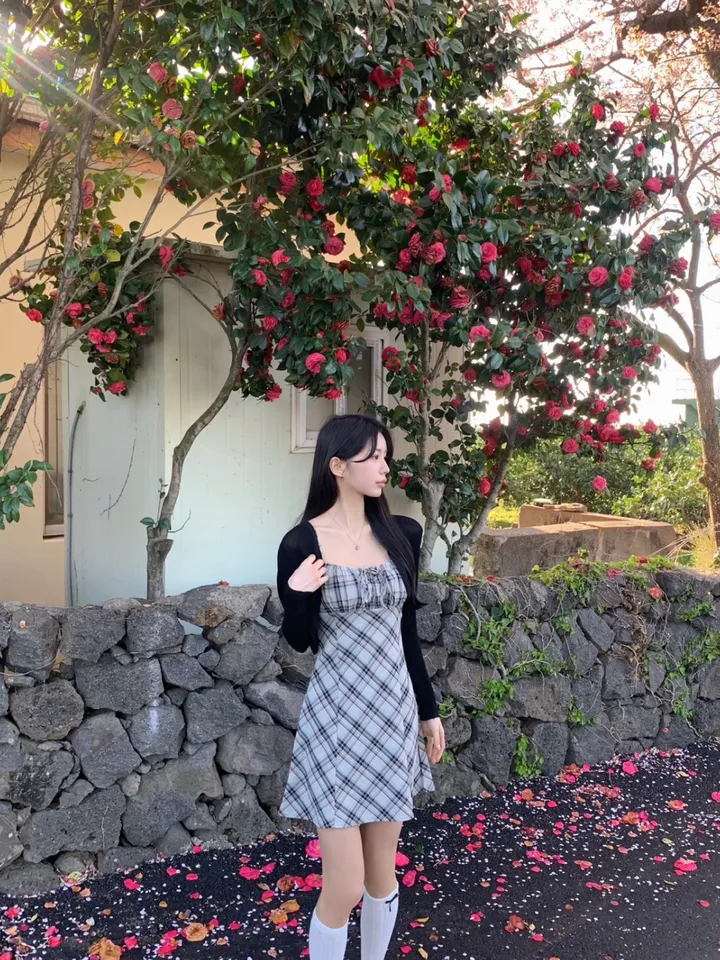 [세트가격❤️/예쁨보장!] 린넨 체크 셔링 리본 플레어 a라인 볼레로 크롭 가디건 원피스 투피스 세트;3color <여행룩/길이오절/핏존예!> 상세 이미지 27