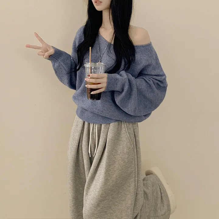 [청순힙✨폭닥] 흐르는 여리핏, 보트 브이넥 오버핏 원오프숄더 아방핏 긴팔니트 빅사이즈 상세 이미지 7