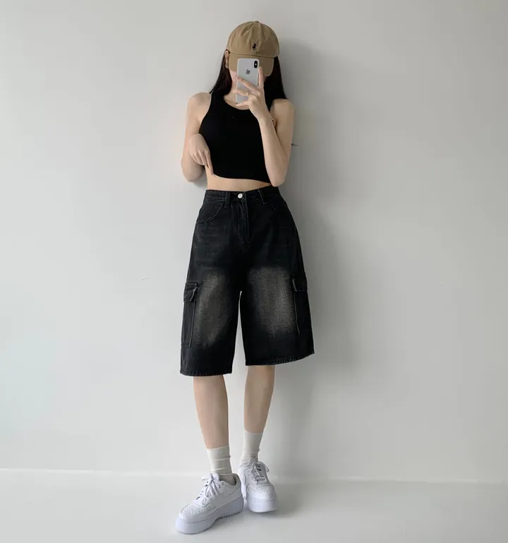 후기극찬![핏보장❤︎/힙무드/~XL] 이브닝 빈티지 힙 워싱 하이웨스트 와이드 카고 하프 버뮤다 5부 청 반바지 데님 팬츠 빅사이즈 상세 이미지 34