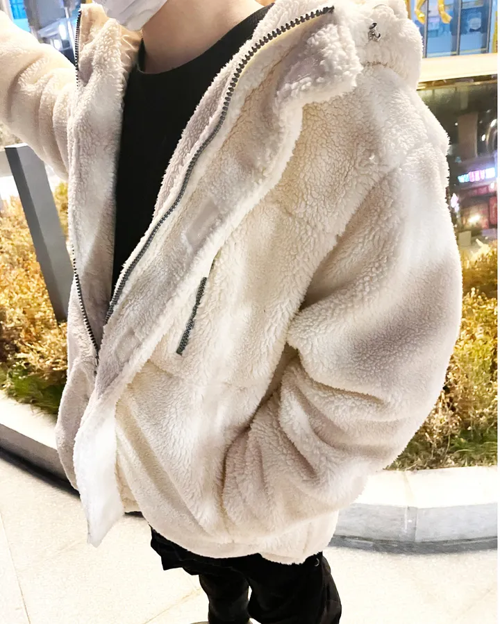 덤블 헤비 양털 패딩 오버핏 투웨이 스트링 후리스 뽀글이 후드 집업 자켓 점퍼 상세 이미지 100