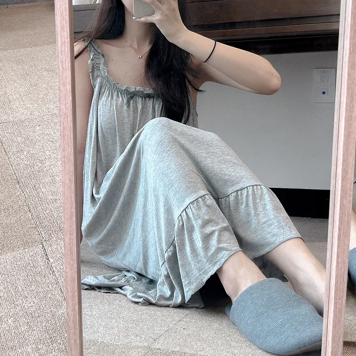 [봄할인/캡내장/진짜부들부들해요!] #B.Night 찰랑 프릴 민소매 심플 나시 파자마 잠옷 롱원피스 블랙&그레이 2 color #3003 상세 이미지 11