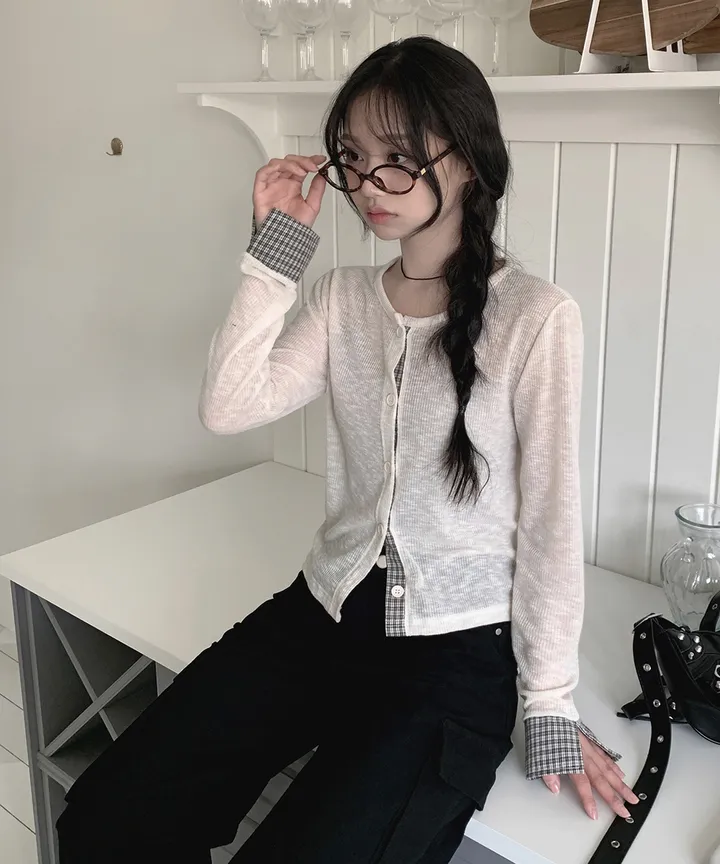 [봄가디건🌷] 띠네 슬럽 배색 체크 커프스 라운드 시스루 니트 가디건 봄 여름 가을 / 봄가디건 여름가디건 레이어드 봄아우터 체크셔츠 뮤잉 상세 이미지 21