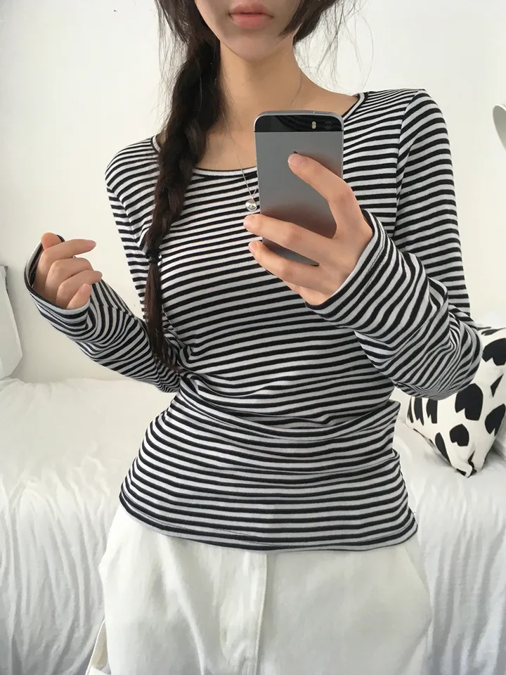 [슬림핏!/간절기,봄필수! 잔단가라 라운드넥 단가라티셔츠 긴팔티셔츠 이너티 기본티] 엘리슬림핏단가라긴팔T 상세 이미지 40
