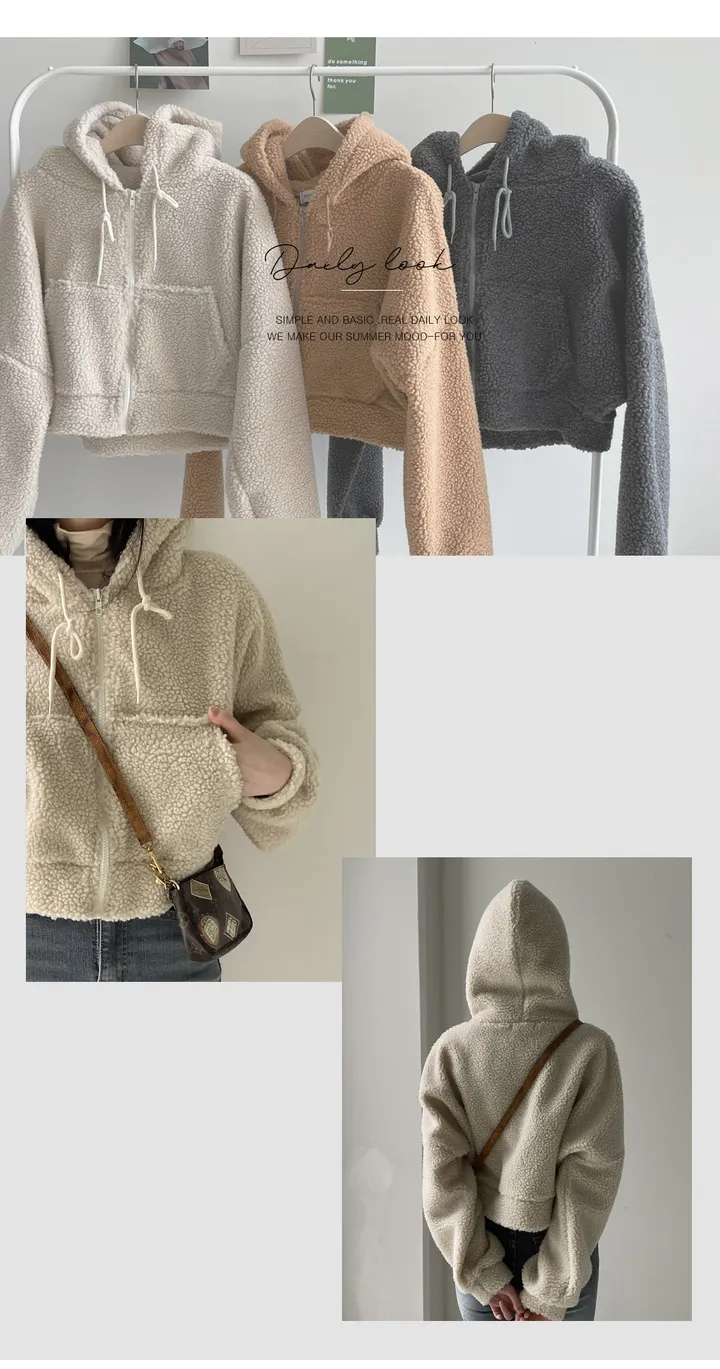 [국내생산/휘뚜루 마뚜루템!]뽀글이 덤블 크롭 후드 집업(3color) 핑크래빗 상세 이미지 2