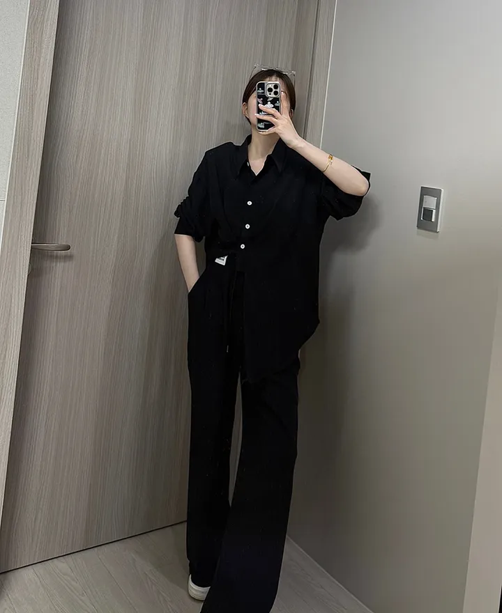 [최저가/부분당일발송🚚]빅사이즈 루즈핏 패치 남방셔츠 스트링 슬랙스 와이드팬츠 투피스세트/44-88/빅사이즈/찰랑/시원한소재/여름신상/뒷밴딩/여름하객룩/휴양지룩/바캉스룩/투웨이 상세 이미지 43