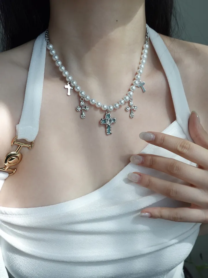 blue cross necklace | 블루 하트 십자가 진주 목걸이 상세 이미지 5