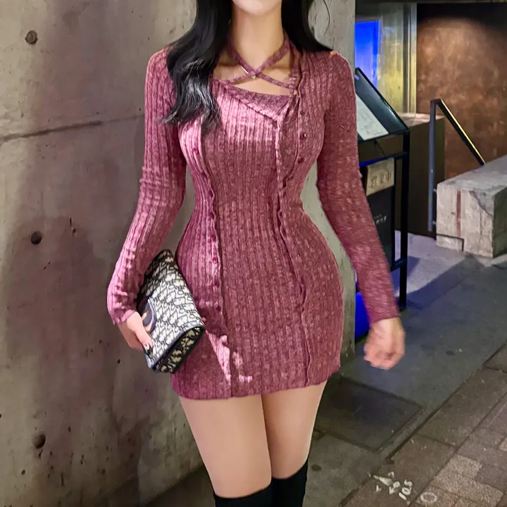 [허얇골넓♥/독보적분위기] 플럼 퍼플 스퀘어넥 초커 니트 미니원피스 상세 이미지 11