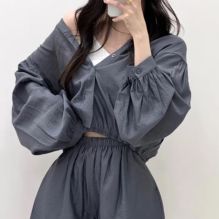 [한여름까지!/살안타템] 벌룬 끝판왕! 린넨 아방핏 크롭 밴딩 셔츠 후드 집업+실키 하이웨스트 3부 숏팬츠 반바지 투피스 세트 5color 상세 이미지 10