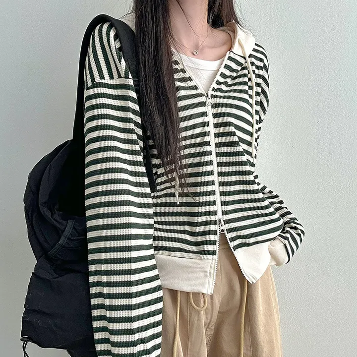[캐주얼힙/투웨이] 스트라이프 단가라 배색 투웨이 지퍼 세미크롭 얇은 후드 집업 점퍼 봄 가을 간절기 아우터 모즈잔줄배색후드집업 상세 이미지 13