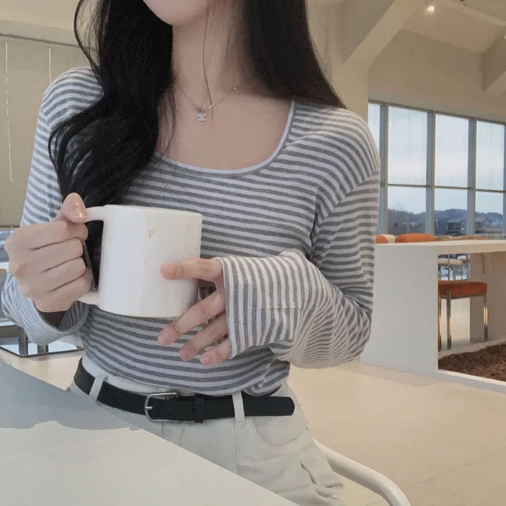 [팔말라핏🤍/단가라ver]팔뚝살 부각없는 3탄! 뉴페이스 단가라 스트라이프 스퀘어넥 루즈핏 긴팔티셔츠 상세 이미지 21