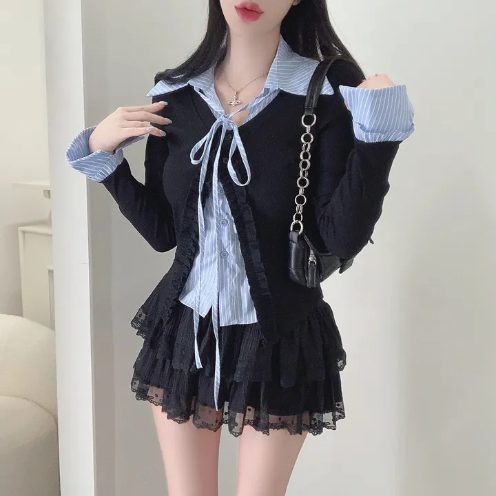 [3COLOR/셔츠일체형] 유닛 스트라이프 셔츠&프릴가디건 레이어드세트/버닝블루 상세 이미지 18