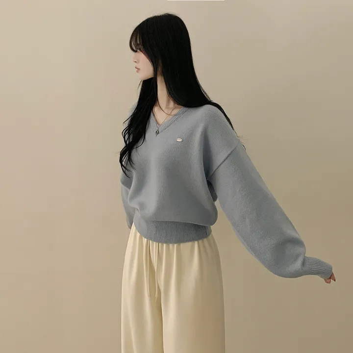 [파스텔색감💭/도톰폭닥~] 와펜포인트 아방핏 브이넥 루즈핏 허리잘록 긴팔니트 상세 이미지 17