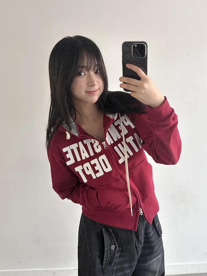 [허리잘록] 스테이트 자수 패치 배색 후드 집업 - 4color 상세 이미지 31