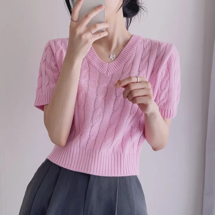 (6color/최저가 보장!) 실물보장! 색감에 반한, 마카롱 꽈배기 브이넥 크롭 반팔 니트 상세 이미지 22