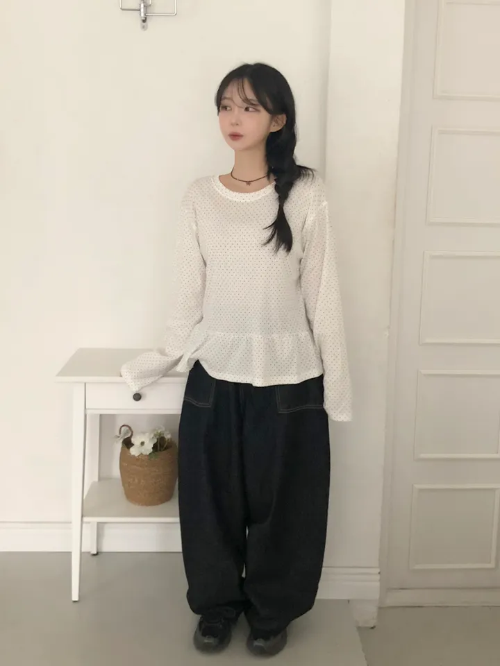 [레이어드템💭]도트 땡땡이 프릴 캉캉 레이어드 라운드넥 긴팔티 3color 상세 이미지 8