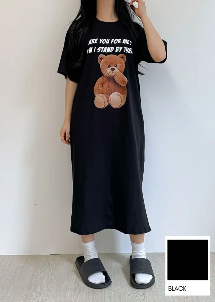 [국내/부드러운] 베어🐻 프린팅 반팔 롱 원피스 - 4color 상세 이미지 5