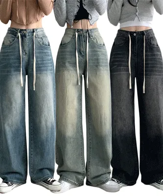 [인생팬츠] 로카 허리스트링 하이웨스트 워싱데님 팬츠