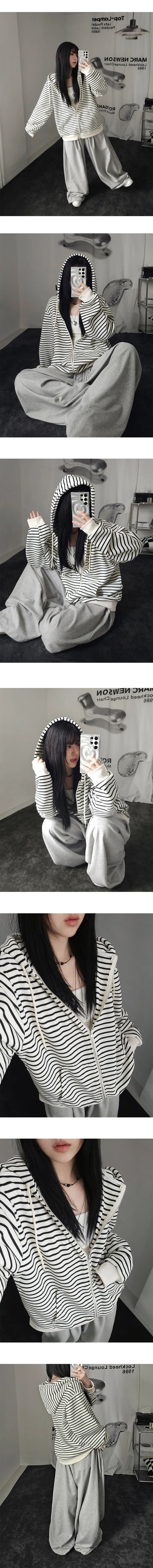 [차르르핏🖤] 오버루즈 하이퀄 단가라 스트라이프 후드 집업 onecolor 상세 이미지 5