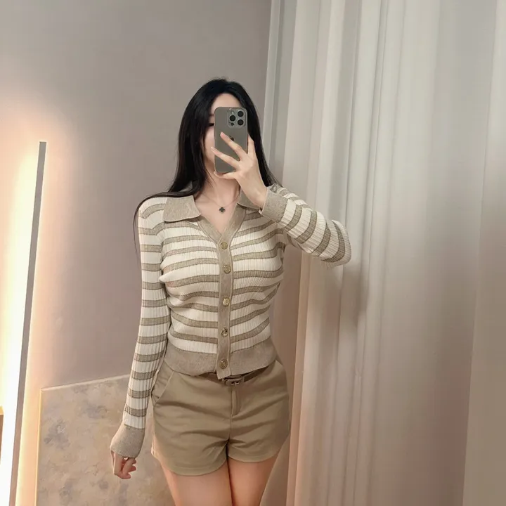 헤르배색 금장 스트라이프가디건 카라가디건 수입가디건 상세 이미지 5