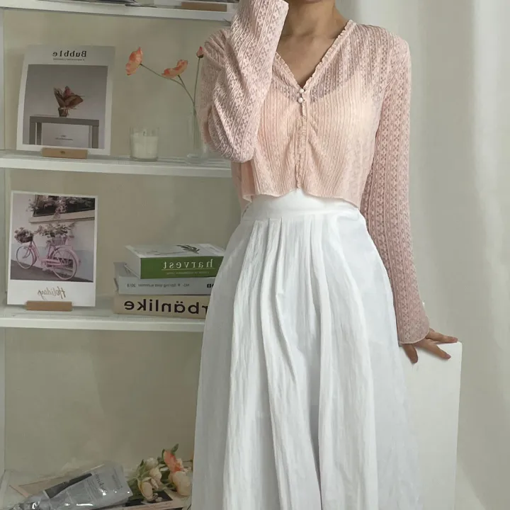 [1+1할인/여리핏/비치웨어] 여름 시스루 펀칭 레이스 프릴 투버튼 브이넥 긴팔 숏 크롭 가디건 (4color) 상세 이미지 51
