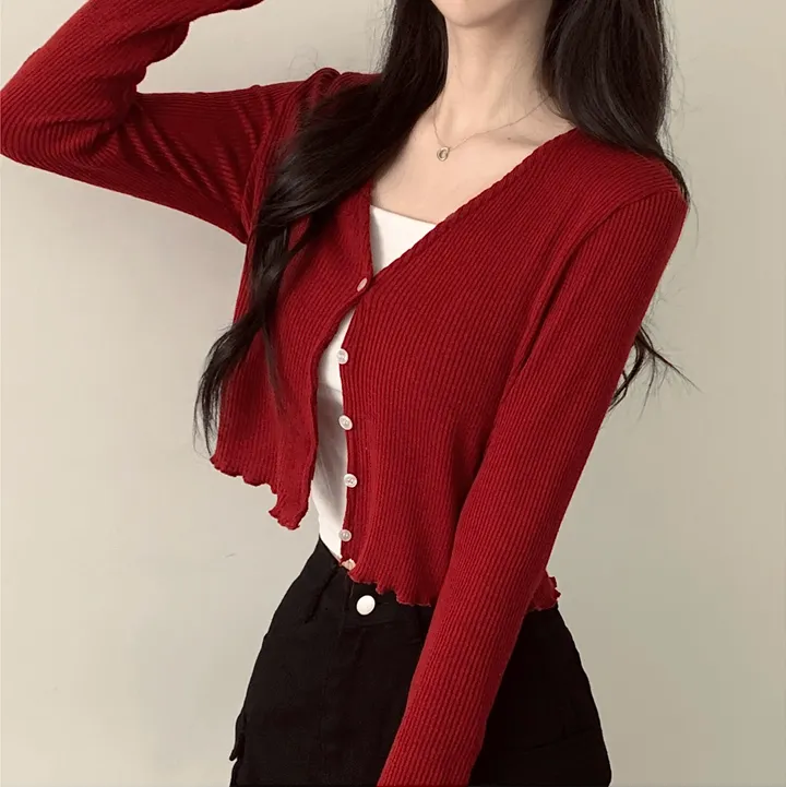 [봄신상/색감맛집] 물결 니트 브이넥 크롭 가디건 상세 이미지 3