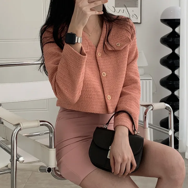 [부분 당일배송🎀1000장돌파!! 리뷰극찬🔥컬러추가!] 트위드 세미 크롭 자켓 노카라 간절기 하객룩 숏자켓 핑크 아이보리 블랙 네이비 - 5colors 상세 이미지 23