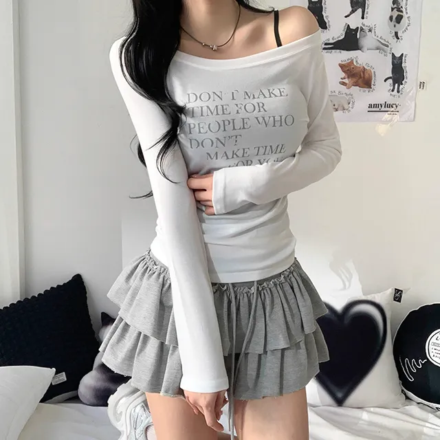 [날씬여리/3col] 해프닝 원숄더 레터링 시스루 긴팔 티셔츠 / 빈티지레터링 / 프린팅티셔츠 / 언발넥 / 오프숄더 / y2k / 트렌디 / 힙무드 / 군살커버 / 여리글램 상세 이미지 5