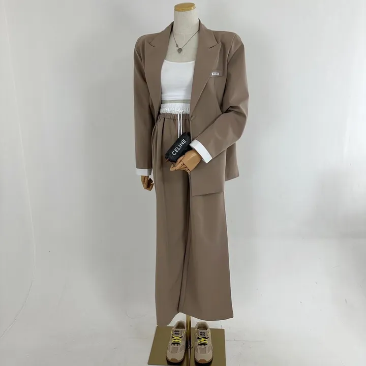 [25SS/*고퀄*/강추코디/하객룩/오피스룩/세트가격💕] 루즈핏 소매 레이어드 배색 미니패치 패드 베이직 자켓 + 하이 배색 밴딩 롱 슬랙스 와이드 팬츠 SET셋업(3COLOR) 상세 이미지 8