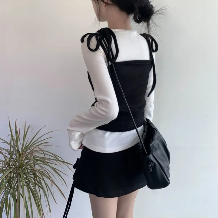 [2ps🎀/퀄리티보장] 레이어드 스트랩 리본 뷔스티에 기모 티셔츠 set 상세 이미지 6